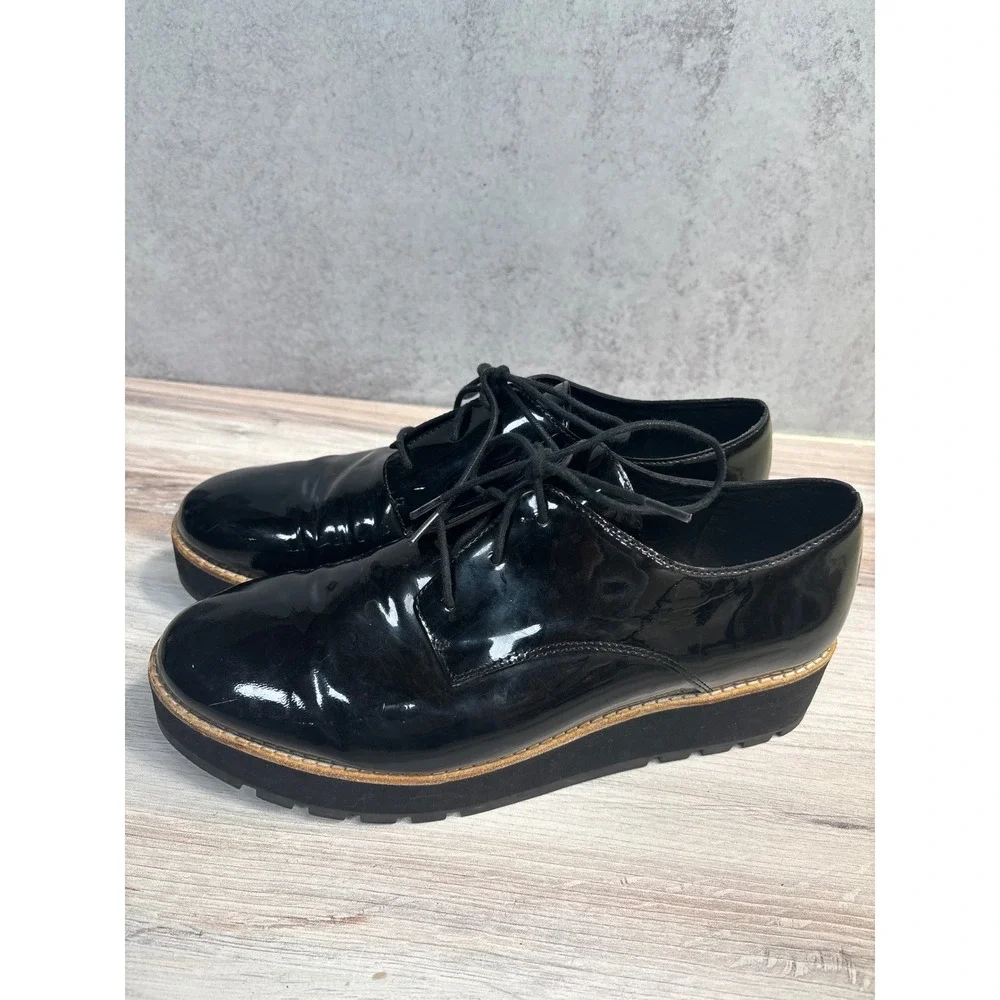 Eileen Fisher Eddy Derby SZ 9 Black Patent Leather Lace Up Oxford Platform Shoes